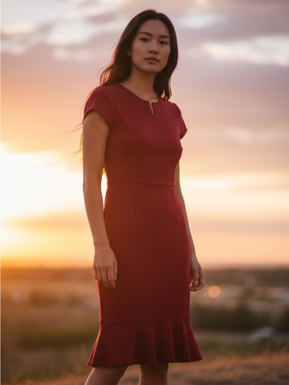 ABS Allen Schwartz Burgundy Cap-Sleeve Midi Dress with Fluted Hem